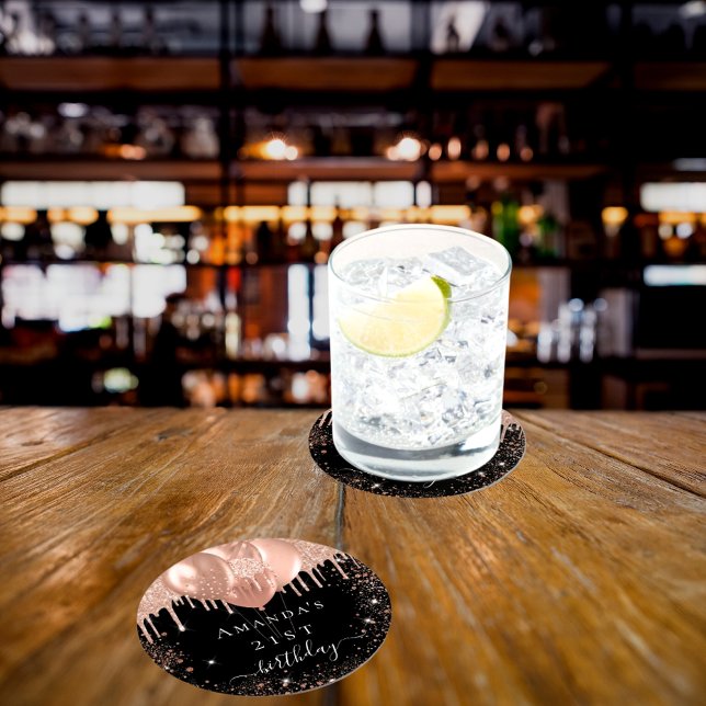 Birthday Party Schwarze Rose Gold Glitzer Ballons Runder Pappuntersetzer (Von Creator hochgeladen)