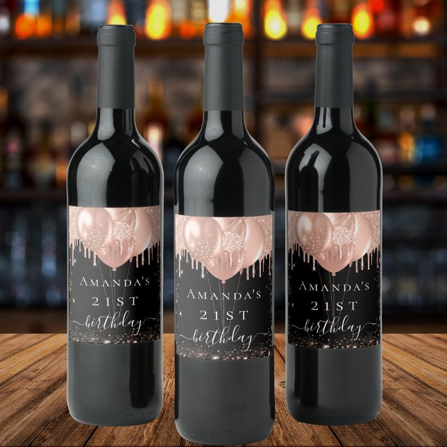 Birthday Party Schwarze Rose Gold Glitzer Ballons Weinetikett (Von Creator hochgeladen)
