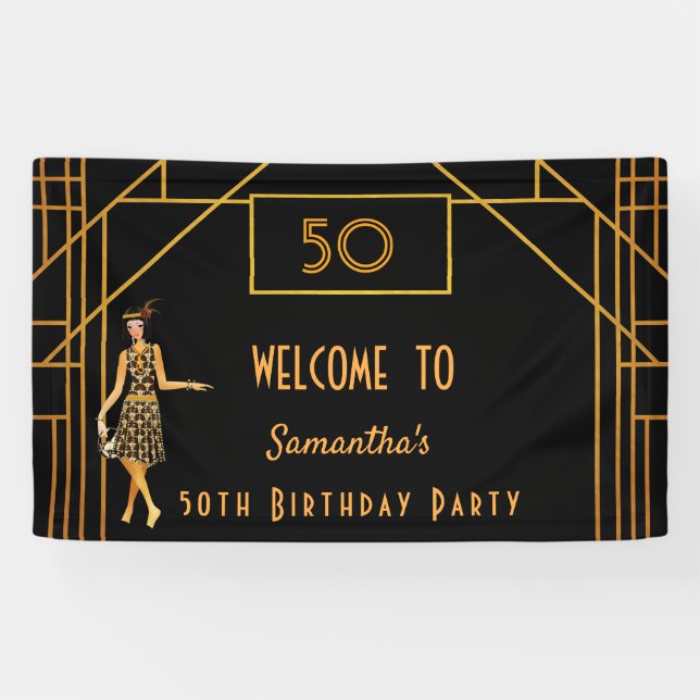 Birthday Party schwarzes Gold 1920er Gatsby Banner (Horizontal)