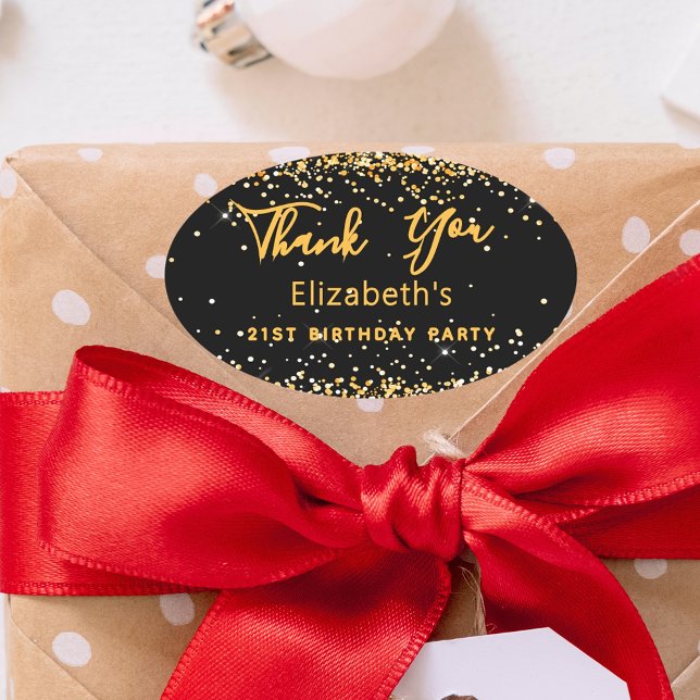 Birthday Party schwarzes Gold Name Danke Ovaler Aufkleber (Von Creator hochgeladen)