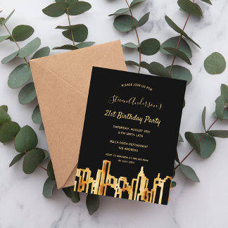 Birthday Party Schwarzes Gold Stadt Skyline Einlad Postkarte