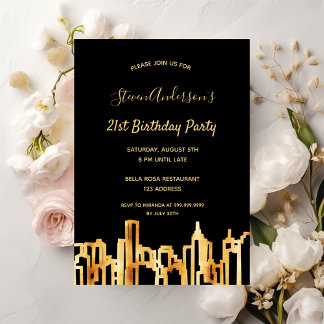 Birthday Party Schwarzes Gold Stadt Skyline Einladung