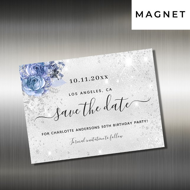 Birthday Party silberblau speichern Datums-Magnet Magnetkarte (Von Creator hochgeladen)