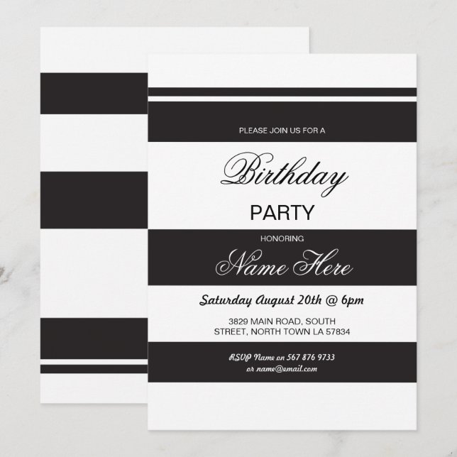Birthday Party Stripe Black & White Einladung 30 4 (Vorne/Hinten)