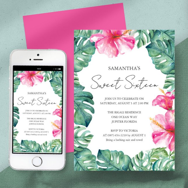 Birthday Party Tropical Aloha Thema Einladung (Birthday party sweet 16 invitation tropical watercolor art and design by Victoria Grigaliunas)