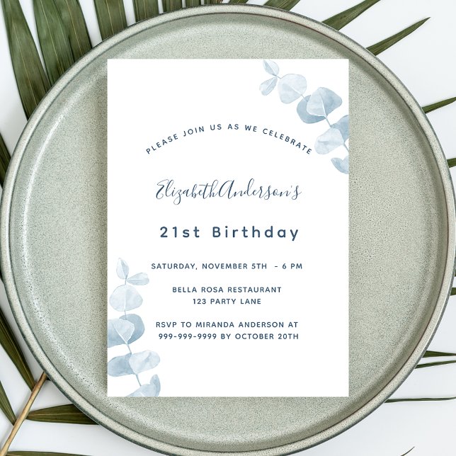 Birthday Party white dusty blue eucalyptus Einladung (Von Creator hochgeladen)