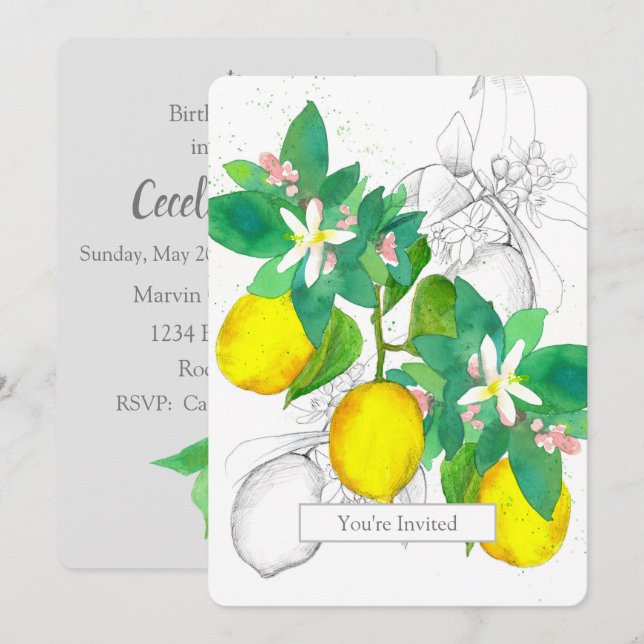 Birthday Party Zitronen Zitrus Aquarell Frucht Einladung (Vorne/Hinten)