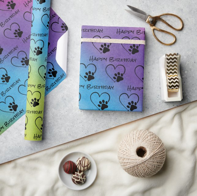 Birthday Paw Print mit Herz auf Regenbogen Geschenkpapier (Kunsthandwerk)