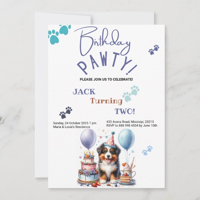 Birthday Pawty Australian Shepherd Dog Birthday Einladung (Vorderseite)