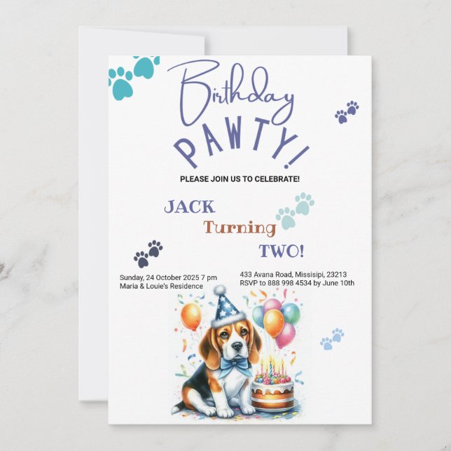 Birthday Pawty Beagle Hund Personalisiert Geburtst Einladung (Vorderseite)