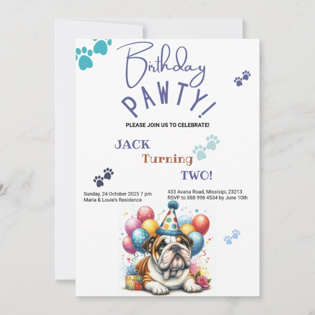 Birthday Pawty Bulldog Hund Personalisiert Geburts Einladung (Vorderseite)