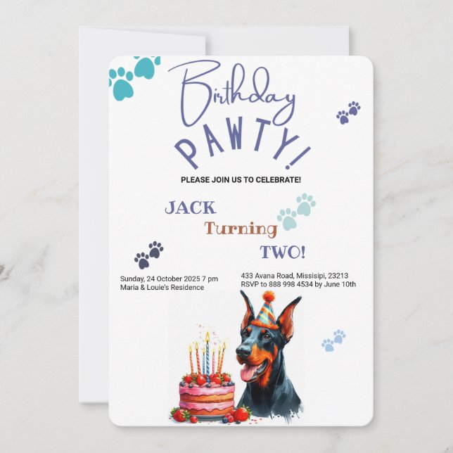 Birthday Pawty Doberman Pincher Dog Birthday Einladung (Vorderseite)