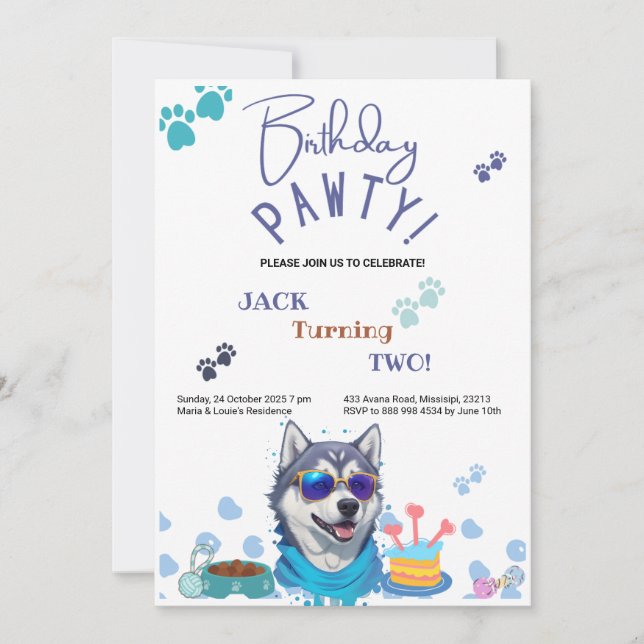 Birthday Pawty Siberian Husky Dog Birthday Einladung (Vorderseite)