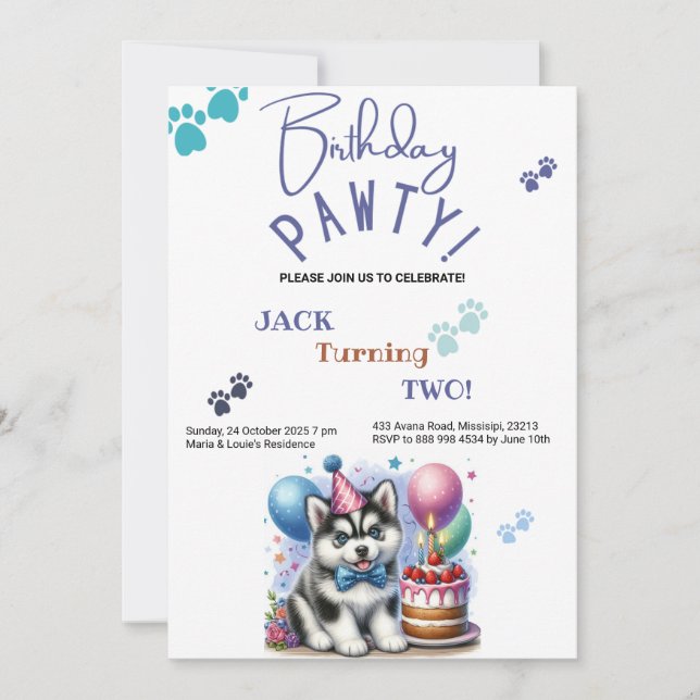 Birthday Pawty Siberian Husky Dog Birthday Einladung (Vorderseite)