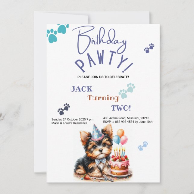 Birthday Pawty Yorkshire Terrier Dog Birthday Einladung (Vorderseite)