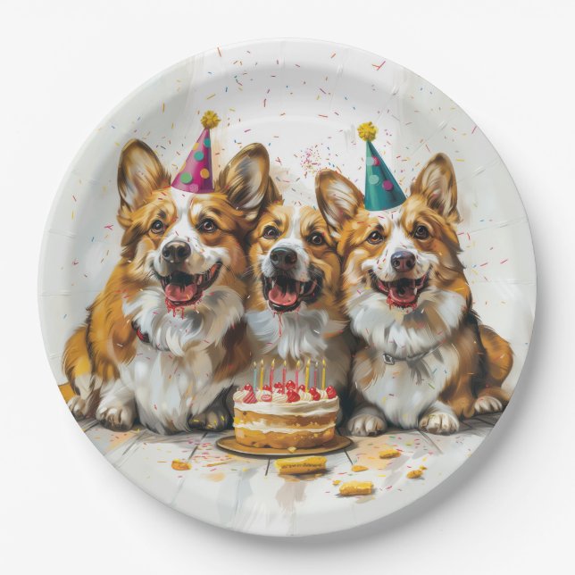 Birthday Pembroke Welsh Corgi Hunde Pappteller (Vorderseite)