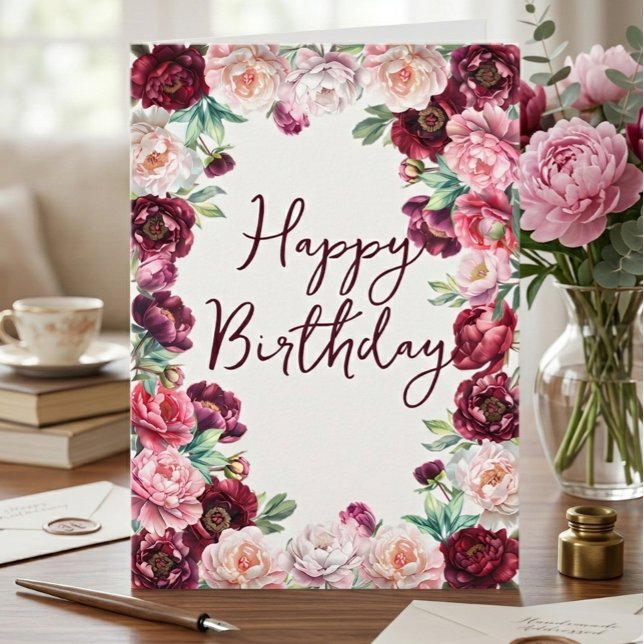 Birthday Peony Watercolor Floral Karte (Von Creator hochgeladen)