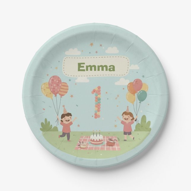 Birthday Picnic, Cute Retro Style, Age 1 Pappteller (Vorderseite)