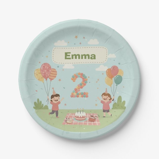 Birthday Picnic, Cute Retro Style, Age 2 Pappteller (Vorderseite)