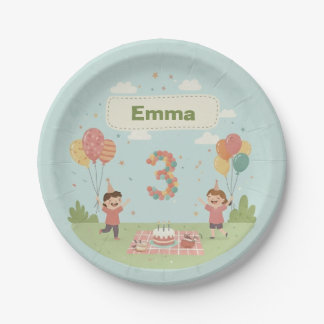 Birthday Picnic, Cute Retro Style, Age 3 Pappteller