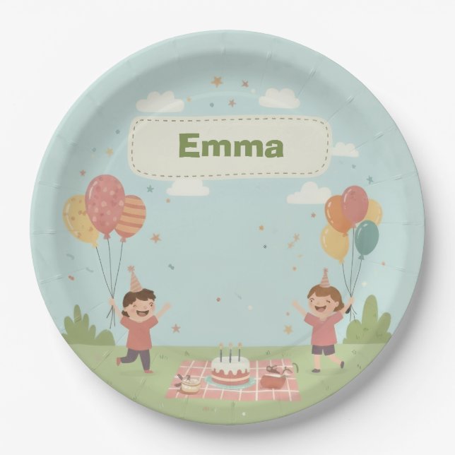 Birthday Picnic, Cute Retro Style Pappteller (Vorderseite)