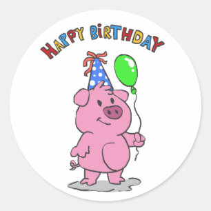 Birthday Pig Cartoon   Hintergrundfarbe auswählen Runder Aufkleber