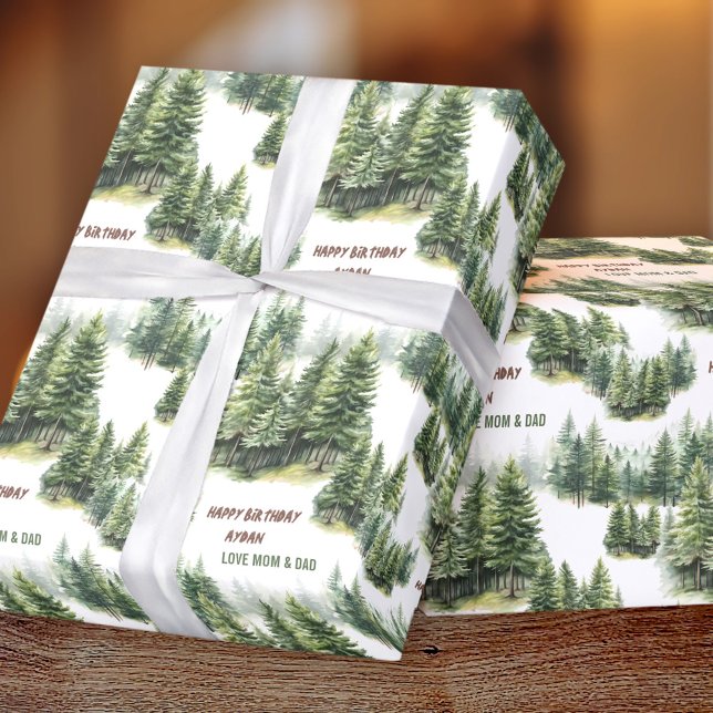 Birthday Pine Tree Forest Green Name Geschenkpapier (Birthday Pine Tree Forest Green Name Wrapping Paper)