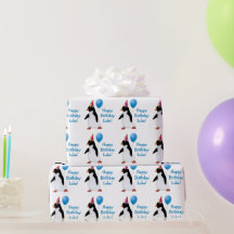 Birthday Pinguin Blue Balloon Name Wrapping Paper