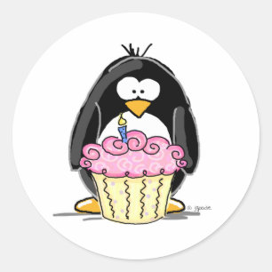 Birthday Pinguin mit Cupcake Runder Aufkleber