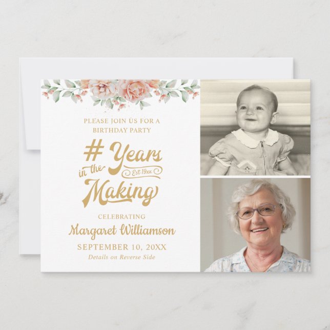 Birthday Pink Bloral JAHRE IM MAKING 2 Foto Einladung (Vorderseite)