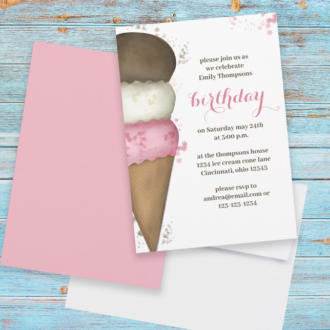 Birthday Pink Calligraphy Script Ice Creme Einladung (Von Creator hochgeladen)