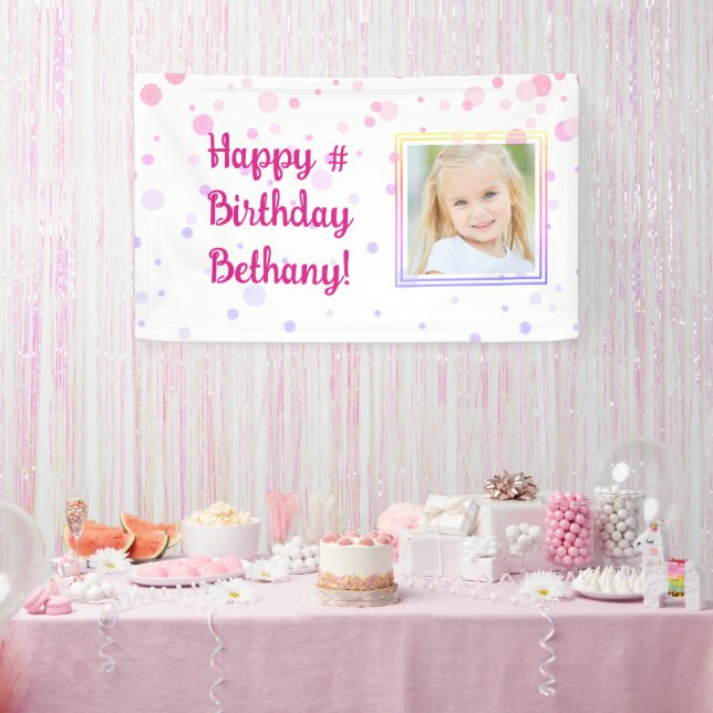 Birthday Pink Confetti Dots Foto Personalisiert Banner (Party)