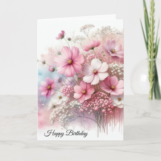 Birthday Pink Cosmos Bouquet Karte (Vorderseite)