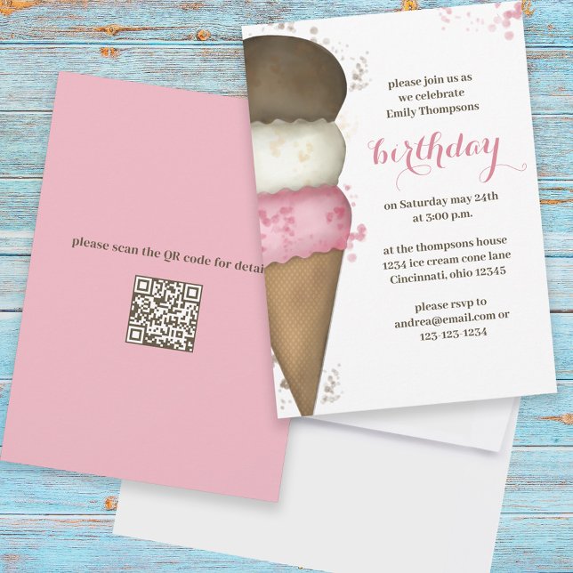 Birthday Pink Ice Cream Calligraphy Script Einladung (Von Creator hochgeladen)