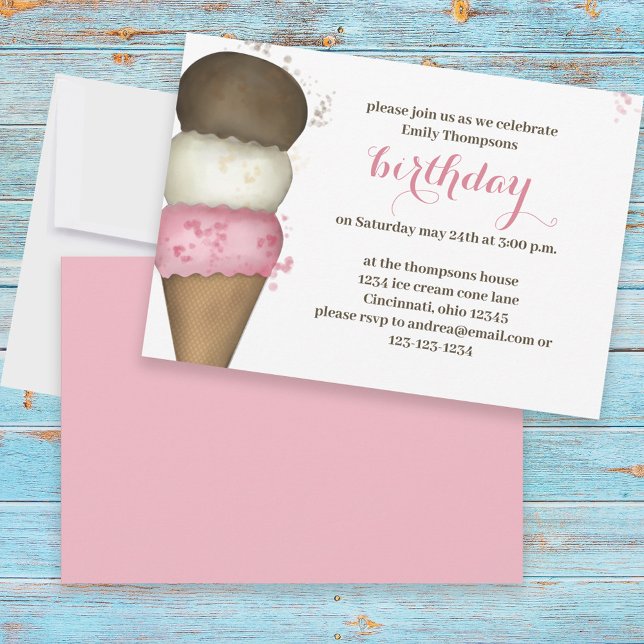 Birthday Pink Ice Cream Calligraphy Script Einladung (Von Creator hochgeladen)