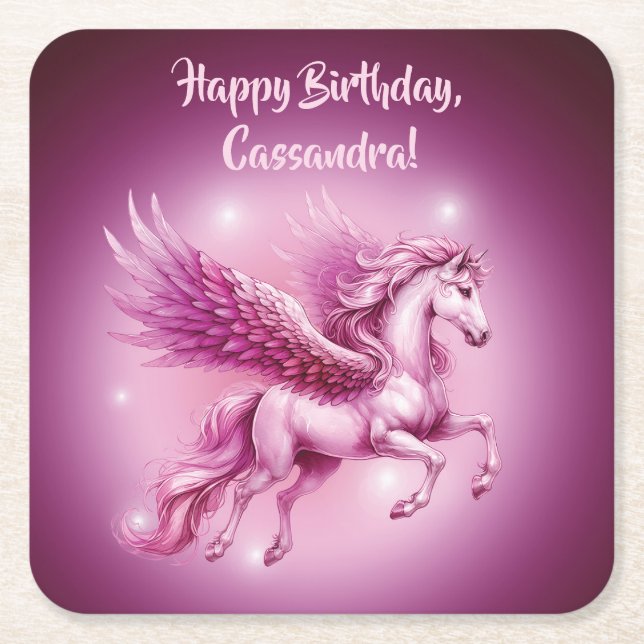 Birthday Pink Pegasus Fantasy Design Rechteckiger Pappuntersetzer (Vorderseite)