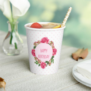 Birthday Pink Rose Red White Petunia Polka Dots Pappbecher