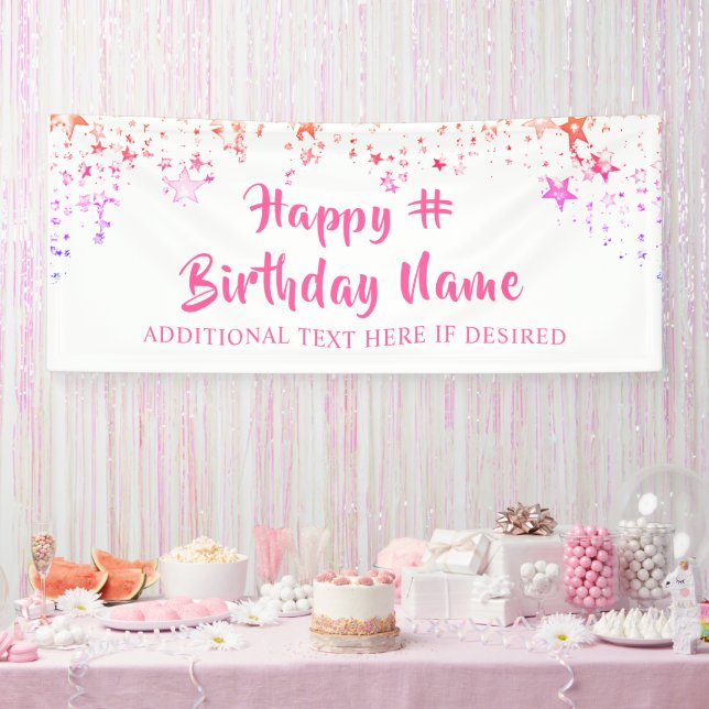 Birthday Pink Stars Brush Script Personalisiert Banner (Party)