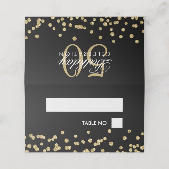 Birthday Placecards Gold Glitzer Confetti Black Platzkarte (Außenseite Aufgefaltet)