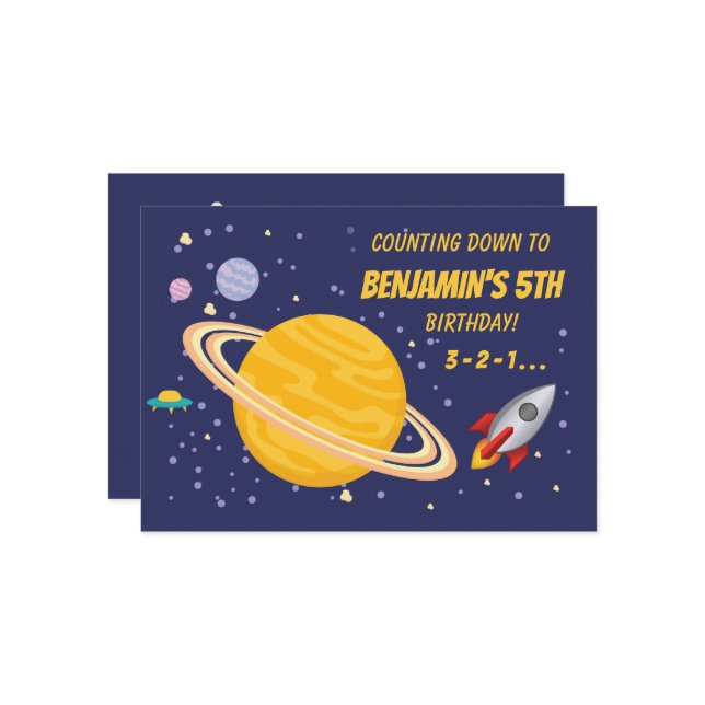 Birthday Planets & Rocket Ship in Outer Space Einladung (Vorderseite/Rückseite Beispiel)