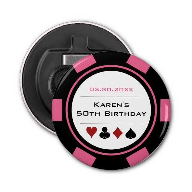 Birthday Poker Chip Casino Thema Pink Black White Flaschenöffner (Vorderseite)