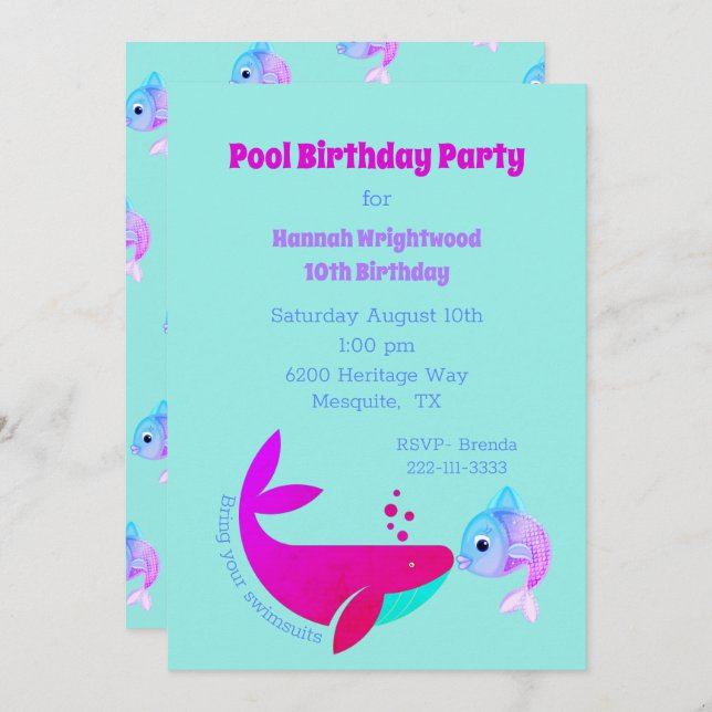 Birthday Pool Party farbenfrohe Einladung (Vorne/Hinten)