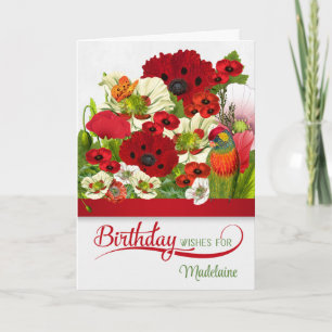 Birthday Poppies mit Butterfly und Lorikeet Name Karte