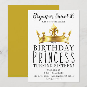 Birthday Princess Gold Crown Tiara Sweet 16 Party Einladung