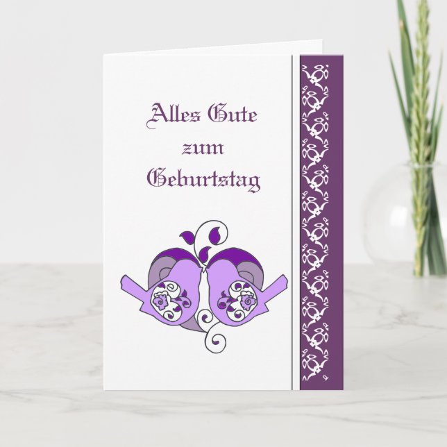 Birthday Purple Floral Hearts  Birds German Karte (Vorderseite)