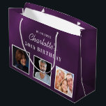 Birthday purple photo monogram name große geschenktüte<br><div class="desc">For a 50th (or any age) birthday.  A deep purple uneven background color.   Personalize and add 3 of your own photos,  a date,  name and age 50. White text. The name is written with a modern hand lettered style script.</div>