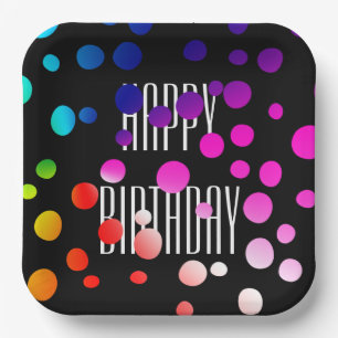 Birthday Rainbow Dots auf Black Pappteller