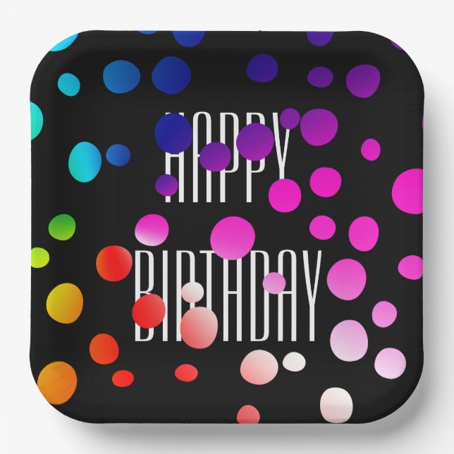 Birthday Rainbow Dots auf Black Pappteller (Vorderseite)