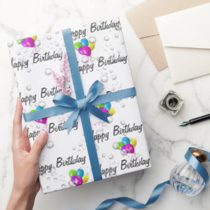 Birthday Raindrops und Balloons auf Weiß Geschenkpapier