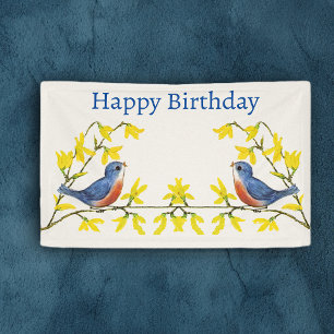 Birthday Red Blue Birds Branches Gelbe Blumen Banner